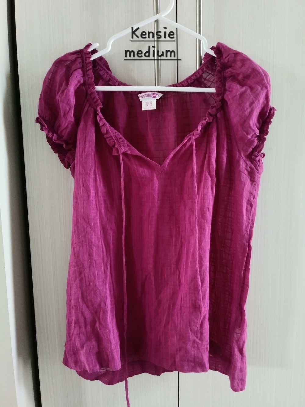 Kensie Medium Fuschia Peasant Blouse - Short Sleeve Women's Top